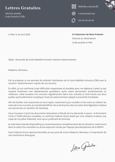 Une lettre de demande de carte de stationnement handicapé