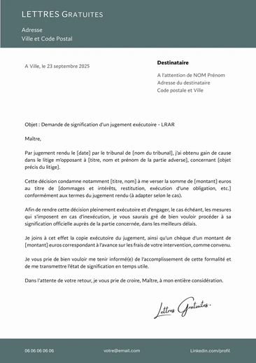 Une lettre de demande d'exécution d'un jugement