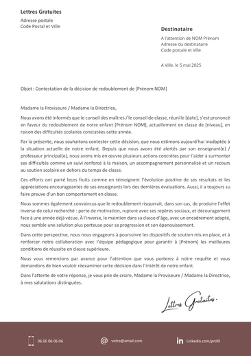 Une lettre de refus d'un redoublement