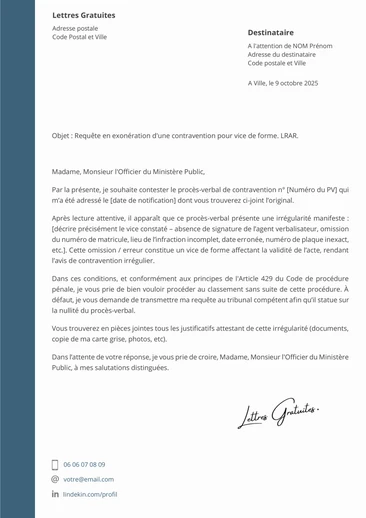Une lettre de contestation d'une amende pour vice de forme