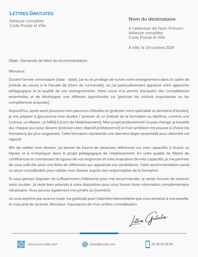 Exemple de mail pour demander une lettre de recommandation à un prof