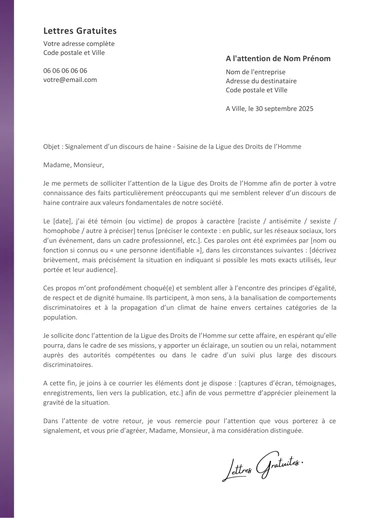 Une lettre de plainte à la Ligue des Droits de L'Homme
