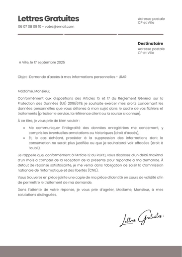 Une lettre de demande de suppression de ses données personnelles