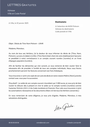 Une lettre de demande clôture d'un compte bancaire après le d&e