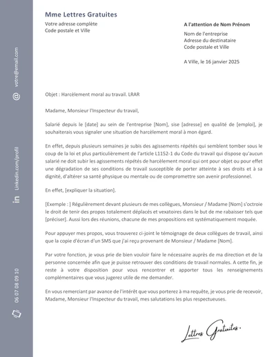 Une lettre pour dénoncer un harcèlement moral au travail