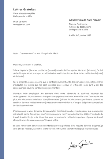 Exemple d'une lettre de contestation d'un avis d'inaptitude