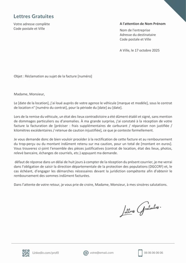 Une lettre de réclamation après une location de voiture