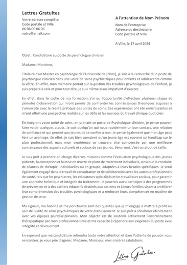 Une lettre de motivation d'un psychothérapeute