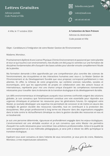 Une lettre de motivation pour un Master Gestion de l'Environnement