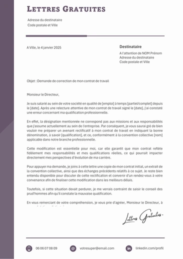 Une lettre pour faire rectifier une erreur dans son contrat de travail