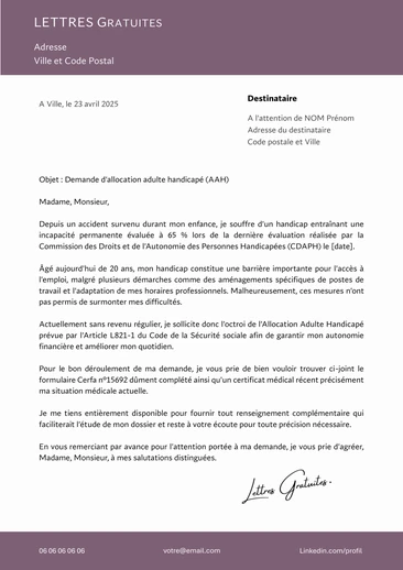 Une lettre pour demander à la MDPH à percevoir l'AAH