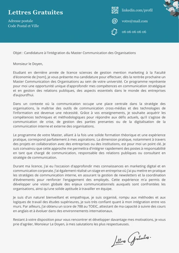 Une lettre de motivation pour un Master Communication des Organisations