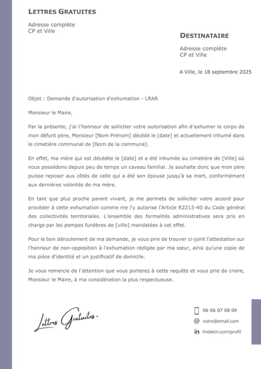 Une lettre de demande d'exhumation