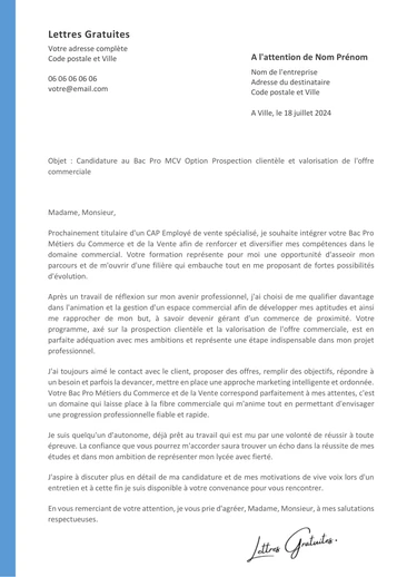 Une lettre de motivation pour le Bac Pro Commerce