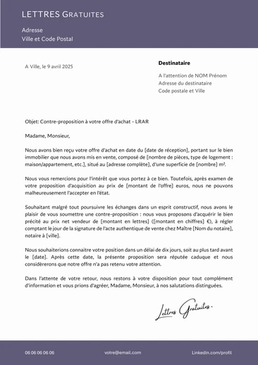 Une lettre de contre proposition d'une offre d'achat d'un bien immobilier