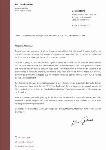 Une lettre pour activer la garantie biennale ou décennale d'un constructe