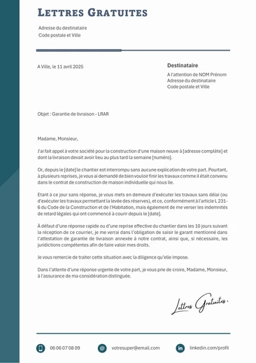Une lettre pour activer la garantie de livraison d'une construction