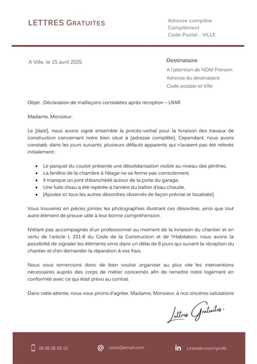 Une lettre pour déclarer les défauts des travaux dans les 8 jours