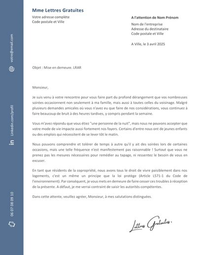 Une lettre de mise en demeure à un voisin trop bruyant