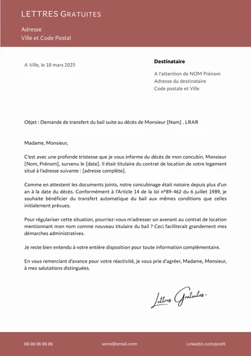 Une lettre de demande de transfert du bail