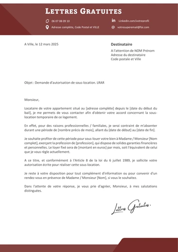 Une lettre de demande de sous-location du bail