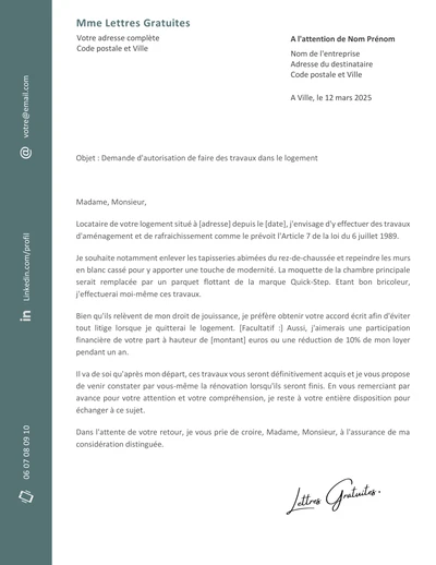 Une lettre de demande d'autorisation de faire des travaux dans le logement