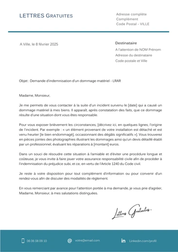 Une lettre de déclaration d'un dommage matériel causé par u