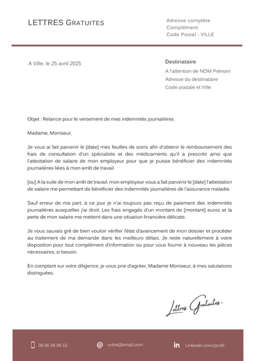 Une lettre de demande de paiement des indemnités journalières