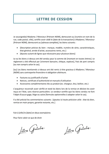 Une lettre de cession après une vente entre particuliers