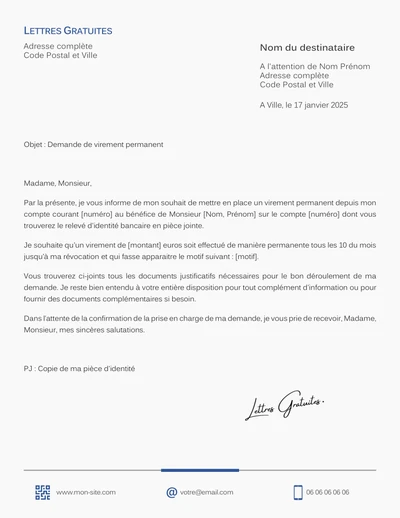 Une lettre de demande de virement bancaire