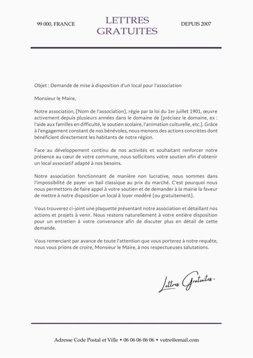 Une lettre de demande de local pour une association