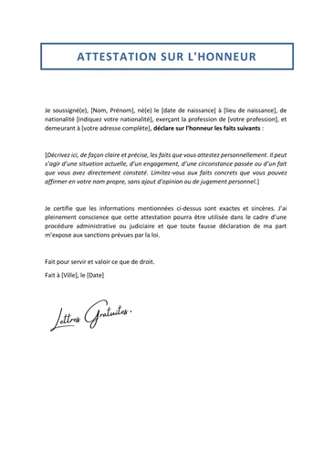 Un exemple d'attestation sur l'honneur