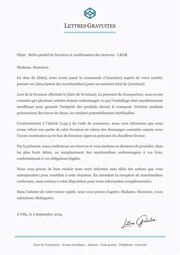 Une lettre pour confirmer les réserves de la livraison