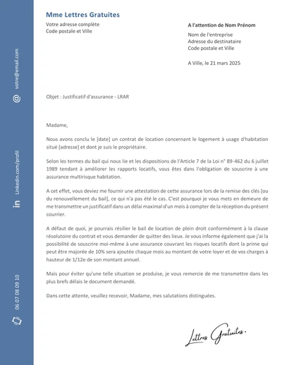 Une lettre de demande d'attestation d'assurance habitation au locataire