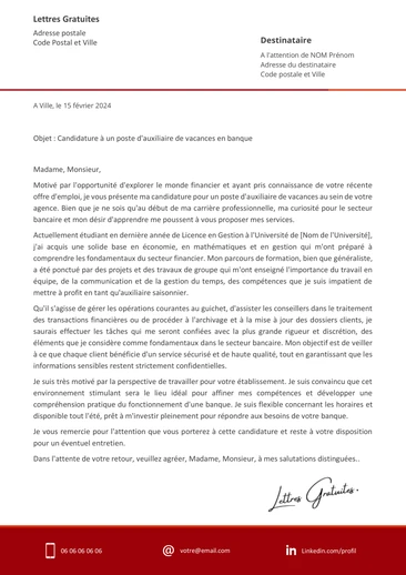 Une lettre de motivation d'un auxiliaire de vacances en banque