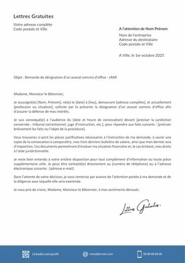 Une lettre de désignation de l'avocat commis d'office