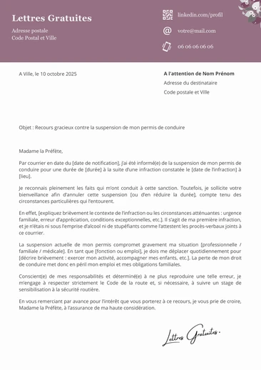 Une lettre de recours gracieux contre la suspension de son permis de conduire