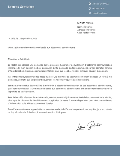 Une lettre de saisine de la CADA