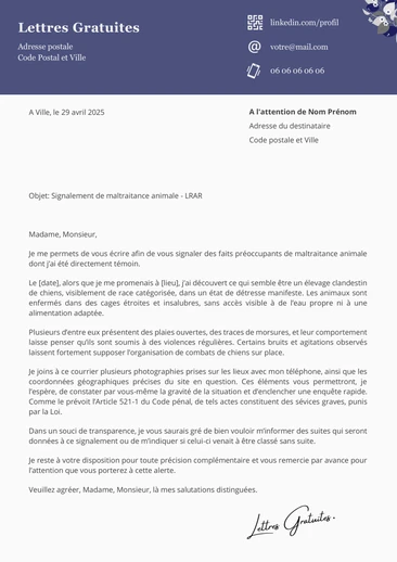Une lettre de dénonciation pour maltraitance ou abandon d'un animal