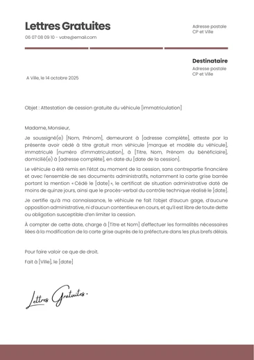 Une lettre de cession d'un véhicule