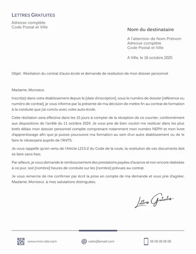Une lettre de résiliation du contrat d'auto-école