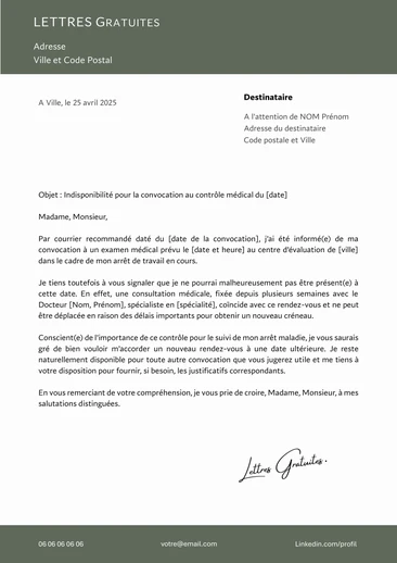 Une lettre pour justifier son absence à un contrôle médical