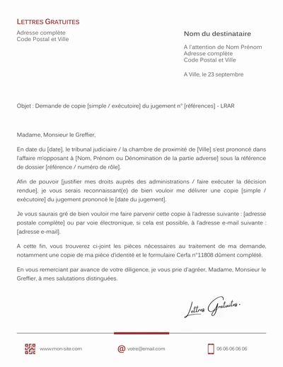 Une lettre de demande de copie de jugement