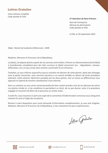 Une lettre pour retirer sa plainte