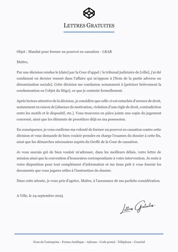 Une lettre de pourvoi en cassation