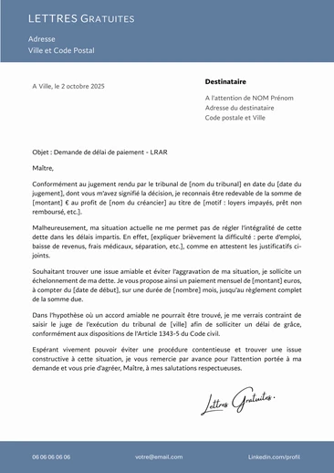 Une lettre de demande d'échéancier au commissaire de justice