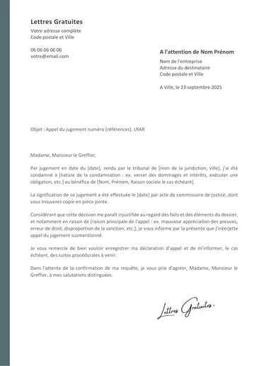Une lettre pour faire appel d'un jugement