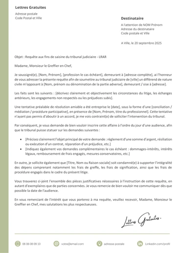 Une lettre de requête au tribunal judiciaire