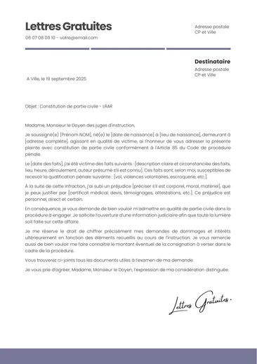 Une lettre de constitution de partie civile