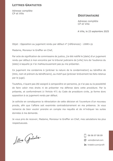 Une lettre d'opposition à un jugement rendu par défaut